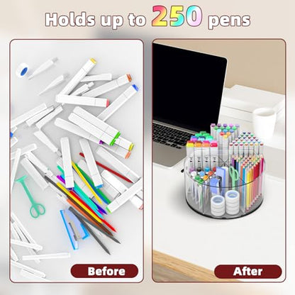250pcs Acrylic Pencil Holder Marker Organizer, 360-Degree Rotating Pen Holder, Crayon Organizers for Kids Pencil Organizer Caddy Art Supply Lazy Susan Organizer for Desk Home School Office
