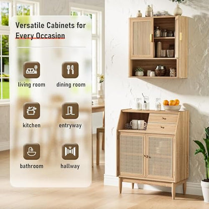 Bathroom Wall Storage Cabinet, Medicine Cabinet with Adjustable Wood Shelf & Doors, Over the Toilet Storage Cabinet for Laundry Room & Living Room Kitchen Storage Islands (Natural Oak)