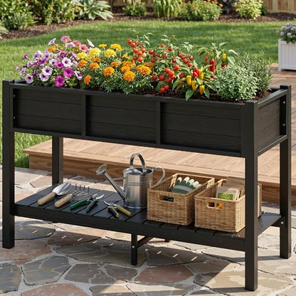 DWVO 48x18x30in Raised Garden Bed Kit, HDPE Planter Box Stand, Poly Wood Weather-Resistant Planter Box with Legs & Storage Shelf, Elevated Garden Bed for Backyard, Patio, Balcony,Black