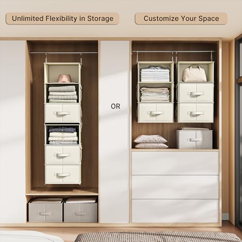 6-Shelf Hanging Closet Organizer with 3 Drawers, 2-in-1 Design, Beige | Converts into Two 3-Shelf Organizers, Foldable Drawers, Side Pockets, Ideal for Wardrobe, Nursery, Dorm & Closet Storage
