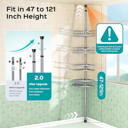 HAMITOR Corner Shower Caddy Tension Pole: Rustproof 4-Tier Bathroom Organizer Shelves for Bathtub Shampoo Storage - 47-121 Inch Quick Install Adjustable Rod Standing Rack with Soap Rack - Silver Gray