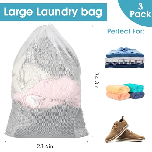 3 Pack Mesh Laundry Bags 23x34 Inch Drawstring Locking for Travel Home | mesh bags with locking drawstring, Tear-resistant for blankets & towels, Lightweight foldable for travel/dorm