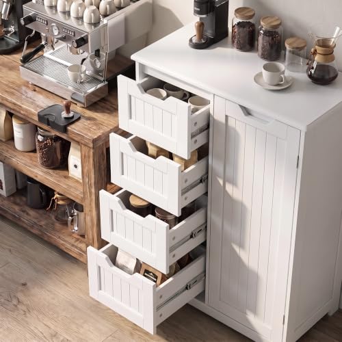 Gizoon Small Coffee Bar Cabinet with 4 Drawers and Door, White | Small Kitchen Sideboard Buffet Cabinet with Adjustable Shelf, Small Kitchen Coffee Bar Cabinet with Drawers for Living Room