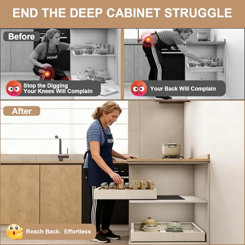 Pull out Cabinet Organizer,7"-11"W, 17"-24"D,Expandable,Adhesive | No Drill,Adjustable Slide out Drawers for Kitchen,Pantry,Roll out Shelves,for Cabinets Without Lip,Bathroom,White,1PC
