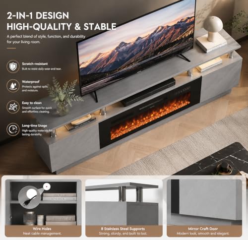 70" TV Stand for Living Room, Entertainment Center with Storage Cabinet, Fits TVs up to 80", Modern Media Console with Shelves, 36" Electric Fireplace (Grey+Black)