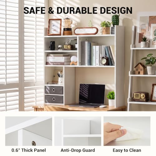 deli Desktop Bookshelf, High-Capacity Desk Hutch Organizer, White | with 7 Shelves and 2 Drawers for Computer Desk, Desk Shelf Organizer for Dorm Office Home