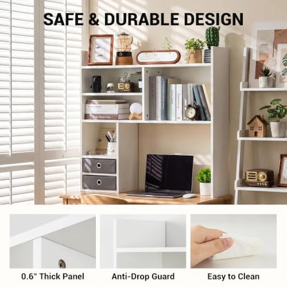 deli Desktop Bookshelf, High-Capacity Desk Hutch Organizer, White | with 7 Shelves and 2 Drawers for Computer Desk, Desk Shelf Organizer for Dorm Office Home