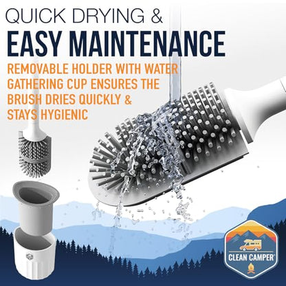 RV Toilet Brush, Wall-Mounted Silicone Brush & Holder | Scratch-free dual-sided silicone brush with quick-drying holder and strong adhesive mount for RV toilets