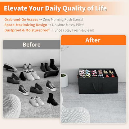 2 Pack Shoe Organizer for Closet, Large Shoe Storage Box, Black | Fits up to 48 Pairs, Stackable, Space Saving, Foldable, Shoes Organizer Bin with Clear Cover, 4 Reinforced Handles