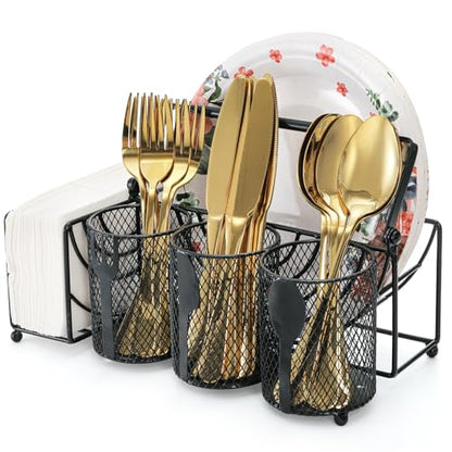 Metal Utensil Caddy with 5 Compartments, Black Mesh Silverware Caddy Organizer, Flatware Storage Holder for Napkins, Plates, Party, Camping, Picnic, Buffet, RV, BBQ, Kitchen, Countertop