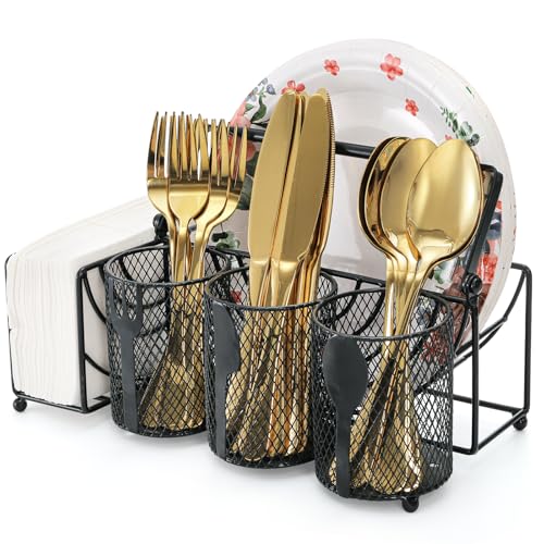 Metal Utensil Caddy with 5 Compartments, Black Mes... (Black | Iron)