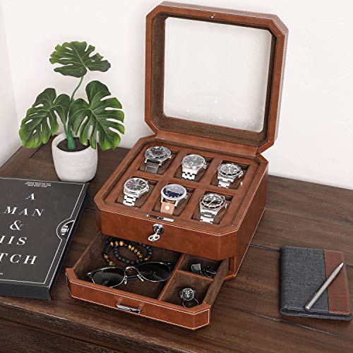 ROTHWELL 6 Slot Leather Watch Box with Valet Drawer - Luxury Case Display Organizer, Microsuede Liner, Locking Mens Jewelry Watches Holder, Men's Watch Storage Large Glass Top (Tan/Brown)