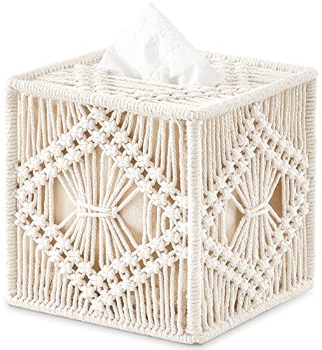 Mkono Tissue Box Cover Square, Boho Macrame Decor Open-Bottom Holder, Ivory | Facial Tissue Organizer, Decorative Cube Box, Chic Hand-Woven, Bedroom Bathroom Vanity Dresser Living Room Office Dorm