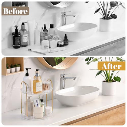 360° Rotating Makeup Organizer Large Capacity Perfume Tray, 2 Tier, Clear | Skincare Stand Holder Spinning Bathroom Counter Organizer Lazy Susan Turntable Storage for Dresser, Vanity, Kitchen