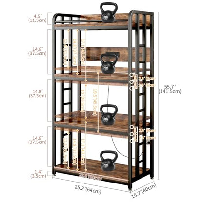 Adjustable 4-Tier Heavy Duty Kitchen Baker's Rack with Power Outlet, with Industrial Wheels, Free Standing Microwave Oven Cart Stand for Storage in Living Room, Garage, Rustic Brown
