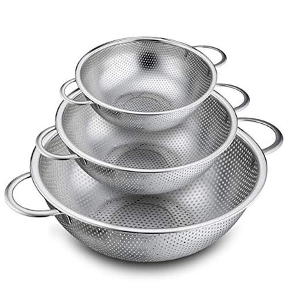P&P CHEF Colander Set of 3, 1/3/5 Qt, Stainless Steel Colanders Strainers | Metal Micro-Perforated Colanders and Strainers for Draining Rinsing Washing, Ideal for Pasta Fruits, Dishwasher Safe
