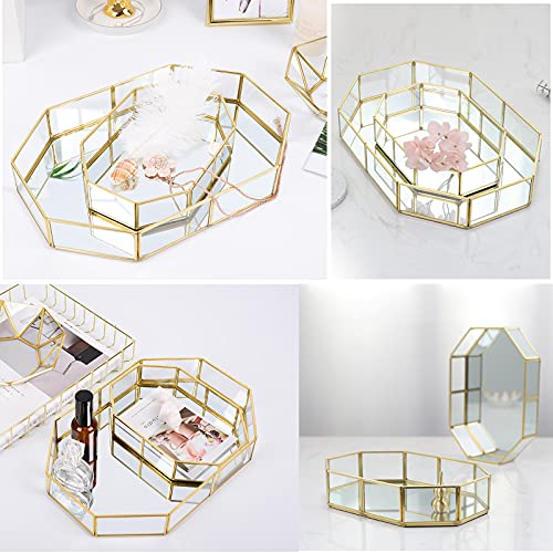 Hipiwe Mirror Glass Vanity Tray - Gold Ornate Makeup Organizer Perfume Tray | Vintage Octagonal Dresser Trays for Jewelry Trinket Organizer, Bathroom Storage Trays for Home Decor