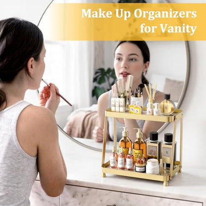 2-Tier Acrylic Bathroom Vanity Organizer, Gold | Bathroom Counter Storage Shelf with Marble-Look Tray, Holds Cosmetics, Perfume, Makeup & Skincare Products