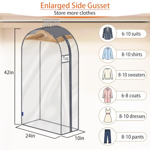 Clear Garment Bags for Hanging Clothes 10" Side Gusset, Suit Bags for Closet Storage, Suit Cover for Shirts Coats Dresses (24"X42"X10" 3Pack)