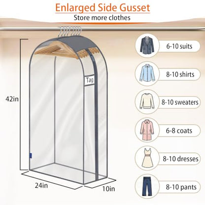 Clear Garment Bags for Hanging Clothes 10" Side Gusset, Suit Bags for Closet Storage, Suit Cover for Shirts Coats Dresses (24"X42"X10" 3Pack)