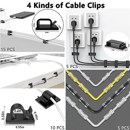 300PCS Cable Management Kit,4 Cable Sleeve 35 Cable Clips | 11Cord Holders,20 Roll Cable Organizer Straps, 200 Fastening Cable Ties,20 Cable Zip Tie Mounts for Computer TV Under Desk