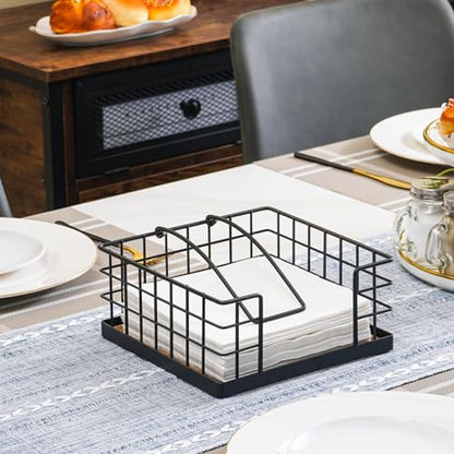Napkin Holder for Table, Farmhouse Napkins Holder with Weighted Arm, Wood Napkin Holders for Kitchen, Flat Napkin Dispenser for Countertop, Dining Room, Rustic Brown