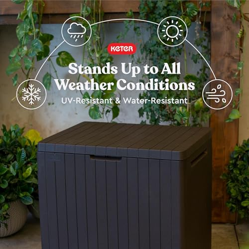 Keter City 30 Gallon Resin Outdoor Storage Box and Patio Furniture Side Table for Pool and Garden Accessories, Brown | Brown, Resin, Compact, Weatherproof, Lockable, Easy Assembly, Organization, Pool Accessories Storage