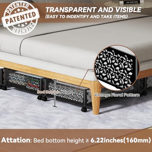 Under Bed Stroage Container with wheels,Patterned,Metal,2 Pack,Black | Tool-free assembly, glide smoothly, easy reach, foldable, maxmazie low-profile beds, dorm, keep seasonal clothes, shoes fresh