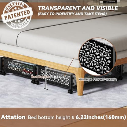 Under Bed Stroage Container with wheels,Patterned,Metal,2 Pack,Black | Tool-free assembly, glide smoothly, easy reach, foldable, maxmazie low-profile beds, dorm, keep seasonal clothes, shoes fresh