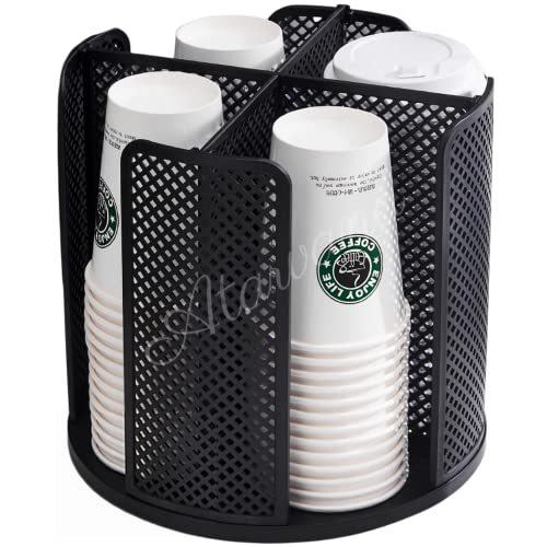 Rotatable Coffee Cup Dispenser with 4 Compartments, Atavarna Cups and Lids Holder for 5-16oz Cups Organizer for Restaurant, Coffee Station, Bar, Office, Home-9.25" x 9.25" x 8.66"