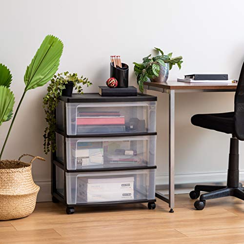 IRIS USA 3-Drawer Wide Storage Cart with Wheels, Organizer, Black | Store clothing, towels, office supplies, craft materials and household essentials with organized storage around your home