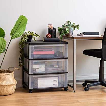 IRIS USA 3-Drawer Wide Storage Cart with Wheels, Organizer, Black | Store clothing, towels, office supplies, craft materials and household essentials with organized storage around your home