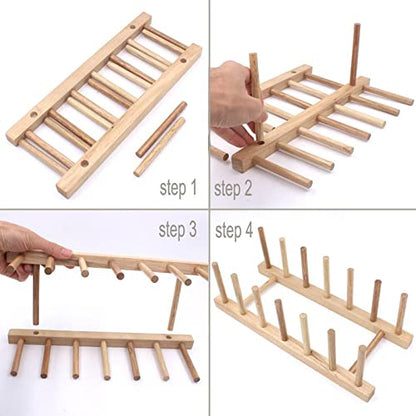 Set of 2 Bamboo Wooden Dish Racks Pot Lid Holder Cabinet Organizer | Kitchen Plate Rack Stand