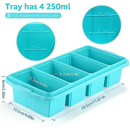 Silicone Freezer Tray With Lid - Silicone Freezer Food Molds- Large Ice Cube Tray,Silicone Freezer Container,Freeze & Store Soup, Sauce, Broth,Leftovers - Makes 4 Perfect 1 Cup