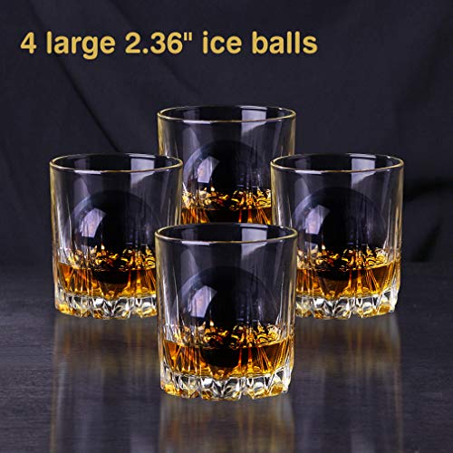 Crystal Clear Ice Ball Maker, 4 Cavity Large Clear Ice Balls Form, 2.5” Round Ice Sphere Trays for Whiskey, Cocktail, Brandy, Bourbon