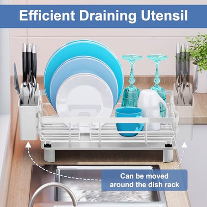 MOUKABAL Dish Drying Rack with Drainboard for Kitchen Counter, White | 13×17 Large Capacity/Rustproof Stainless Steel/Fast Drainage Dish Drainer/Removable Utensil Holder/Kitchen Counter Organizer