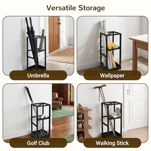 Umbrella Stand for Entryway Metal Geometric Freestanding Umbrella Holder or Cane Holder with Shelf for Small Umbrellas and Bottom Drip Tray, Black