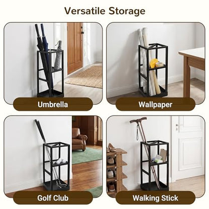 Umbrella Stand for Entryway Metal Geometric Freestanding Umbrella Holder or Cane Holder with Shelf for Small Umbrellas and Bottom Drip Tray, Black