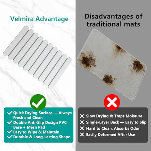 Foldable Stone Bath Mat, Diatomaceous Earth Mat, Quick Dry Slatted Shower Mat, Non-Slip Bathroom Floor Mat with Portable Design for Tub, Sink, and Entryway – 23.8" x 15.3", Gray White