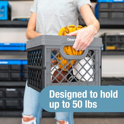 CleverMade Collapsible Milk Crate, 25L, 50 lb, Obsidian | Built-in rails hold letter-size hanging files. Interlocking crates stack open or folded and carry up to 50 lb each.