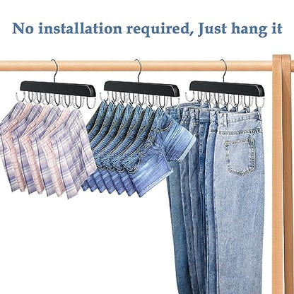 Jean Hangers for Closet, 14 Wood Jeans Hooks Space Saving, 180° Rotating Jean Hangers for Skirts/Shorts/Belts/Ties, Closet Organizers and Storage, Pants Hooks for Jeans, 2 Pack, Black