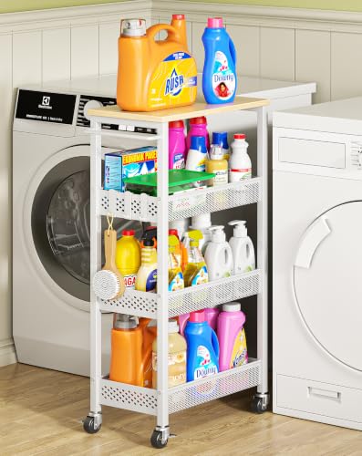 4-Tier Slim Rolling Storage Cart for Laundry Room, Bathroom, Kitchen | Upgraded metal hub casters, Narrow utility cart for small space/gaps, Premium wood top & metal mesh shelf, with handle & hook