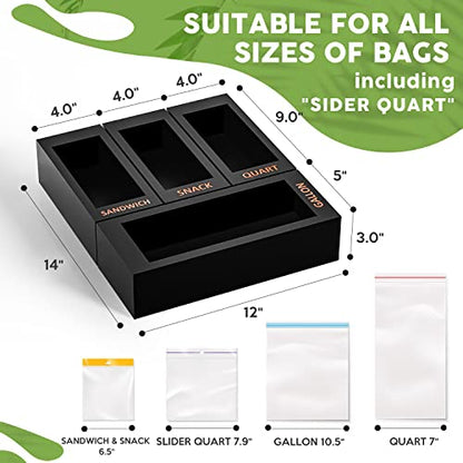 DALSHABET Bamboo Storage Bag Organizer for Kitchen Drawer, 4 Separate Food Storage Bag Organizer, 12x14 Baggie Organizer Dispenser for All Brands Gallon, Snack, Sandwich & Quart Slider Bags Black