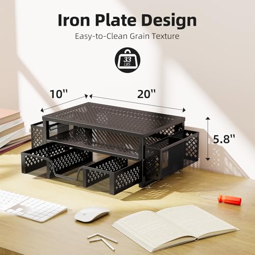 Simple Trending Monitor Stand with Drawer, 2-Tier Laptop Stand, Black | Desk Organizers and Accessories with Drawer and 2 Pen Holders, Sturdy Metal Stand Riser for Home Office, 20"W x 10"D x 5.8"H