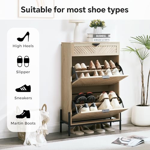 Shoe Cabinet with 2 Flip Drawers, Narrow Entryway Rack, Oak | Slanted Wood Grain, Freestanding, Adjustable Compartments, Removable Middle Shelf, Metal Handles, for Hallway Foyer Entrance