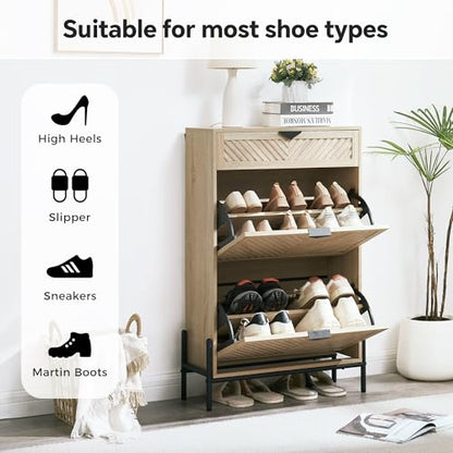 Shoe Cabinet with 2 Flip Drawers, Narrow Entryway Rack, Oak | Slanted Wood Grain, Freestanding, Adjustable Compartments, Removable Middle Shelf, Metal Handles, for Hallway Foyer Entrance