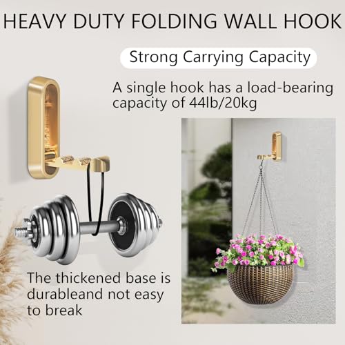 4PCS Foldable Wall Hooks, Heavy Duty Zinc Alloy Flip-Down Coat Hooks with Screw Mount, Holds up to 44 Lbs, Space-Saving Folding Wall Hangers for Bathroom, Closet, Bedroom, Entryway (Gold)