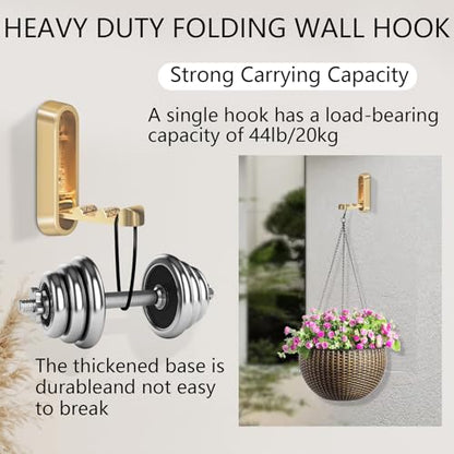 4PCS Foldable Wall Hooks, Heavy Duty Zinc Alloy Flip-Down Coat Hooks with Screw Mount, Holds up to 44 Lbs, Space-Saving Folding Wall Hangers for Bathroom, Closet, Bedroom, Entryway (Gold)