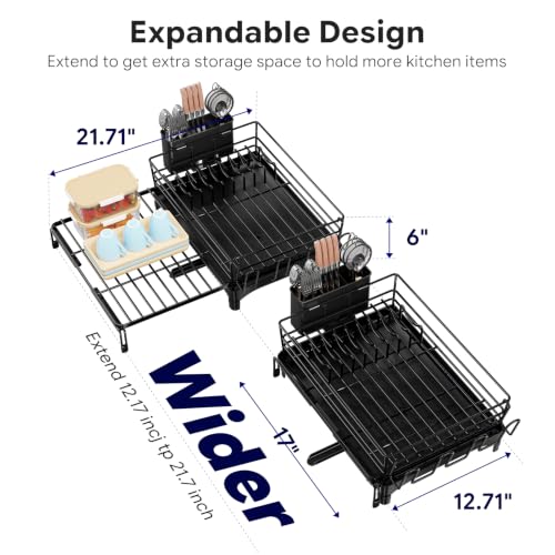Simple Trending Dish Drying Rack - Expandable Dish Rack for Kitchen Counter, Large Capacity Dish Drainer, Stainless Steel Dish Strainer with Utensil & Cup Holders, Black