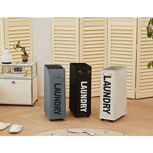 DOKEHOM 25" Slim Rolling Laundry Basket Hamper, Narrow on Wheels, Grey | Collapsible narrow laundry hamper with mesh drawstring closure. Foldable corner clothes storage bin for small spaces